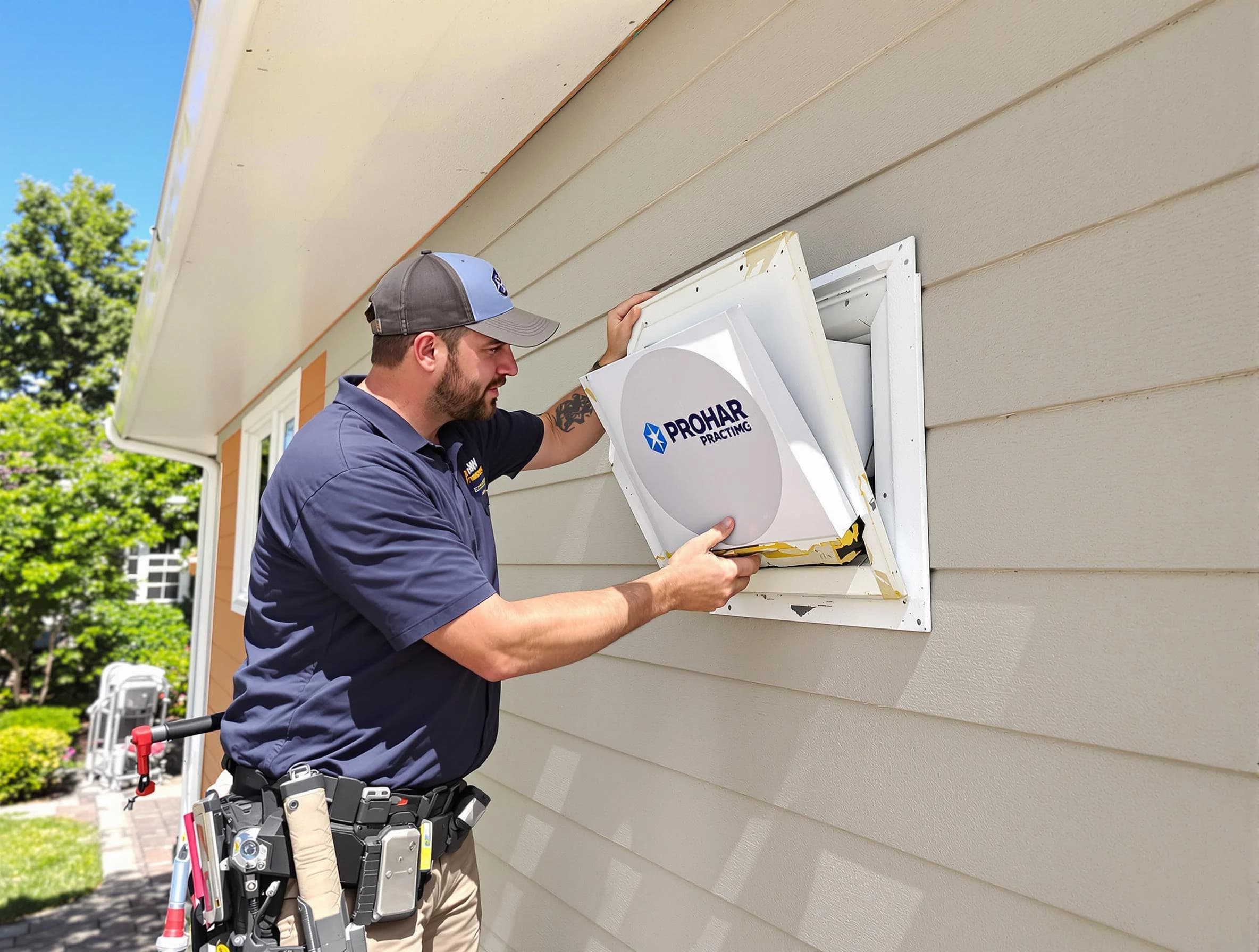 Smyrna Dryer Vent Cleaning technician installing a new protective dryer vent cover on a home in Smyrna